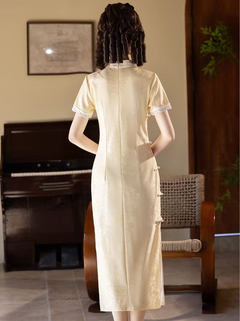 Beth and Brian Qipao-YS Floral pattern, light yellow & light blue midi Cheongsam