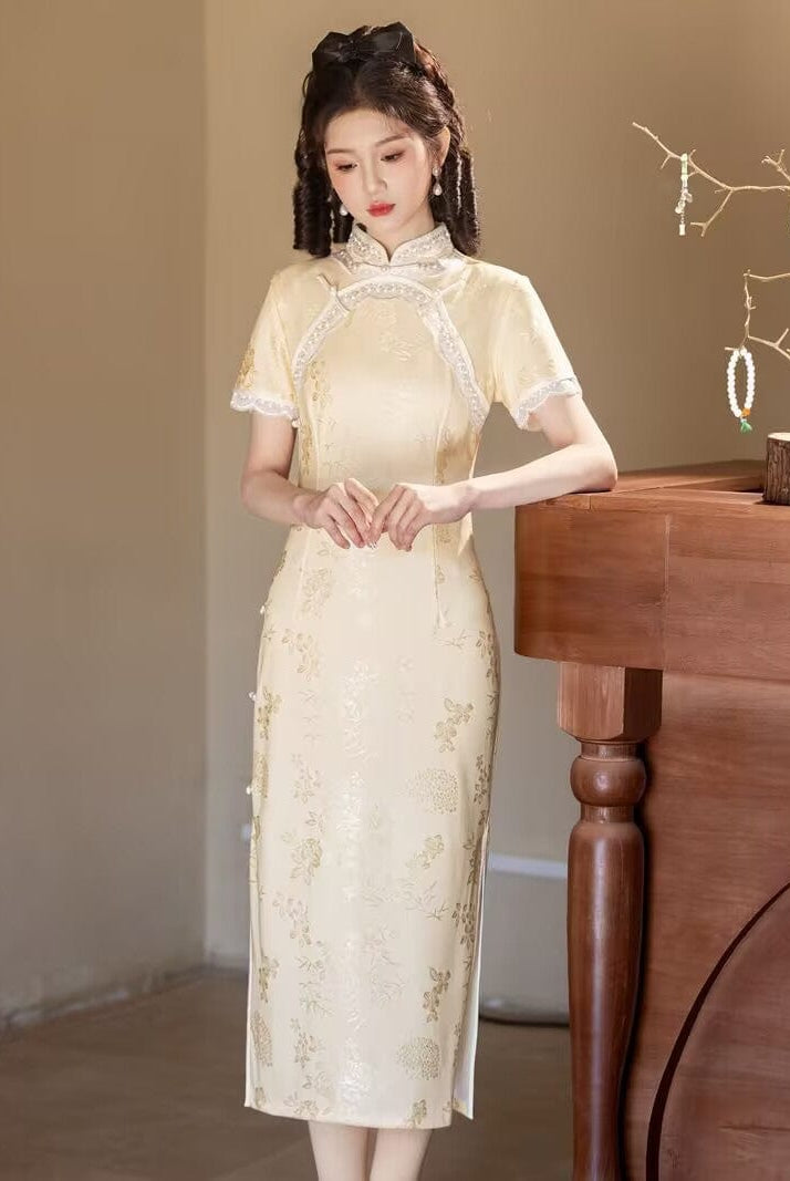 Beth and Brian Qipao-YS Floral pattern, light yellow & light blue midi Cheongsam