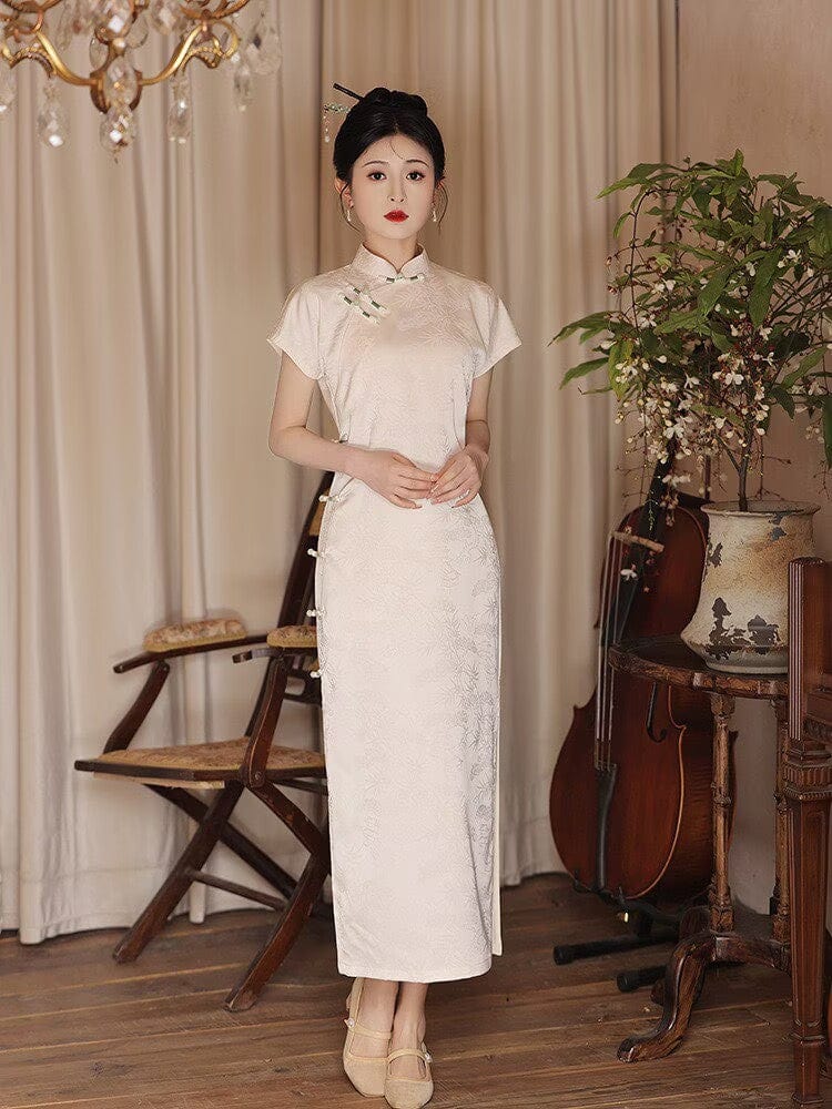 Beth and Brian Qipao-LSB Bamboo leaf pattern, brocade jacquard midi Cheongsam