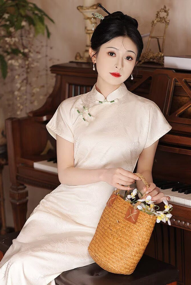 Beth and Brian Qipao-LSB Bamboo leaf pattern, brocade jacquard midi Cheongsam