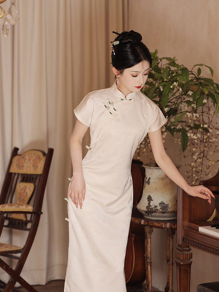 Beth and Brian Qipao-LSB Bamboo leaf pattern, brocade jacquard midi Cheongsam