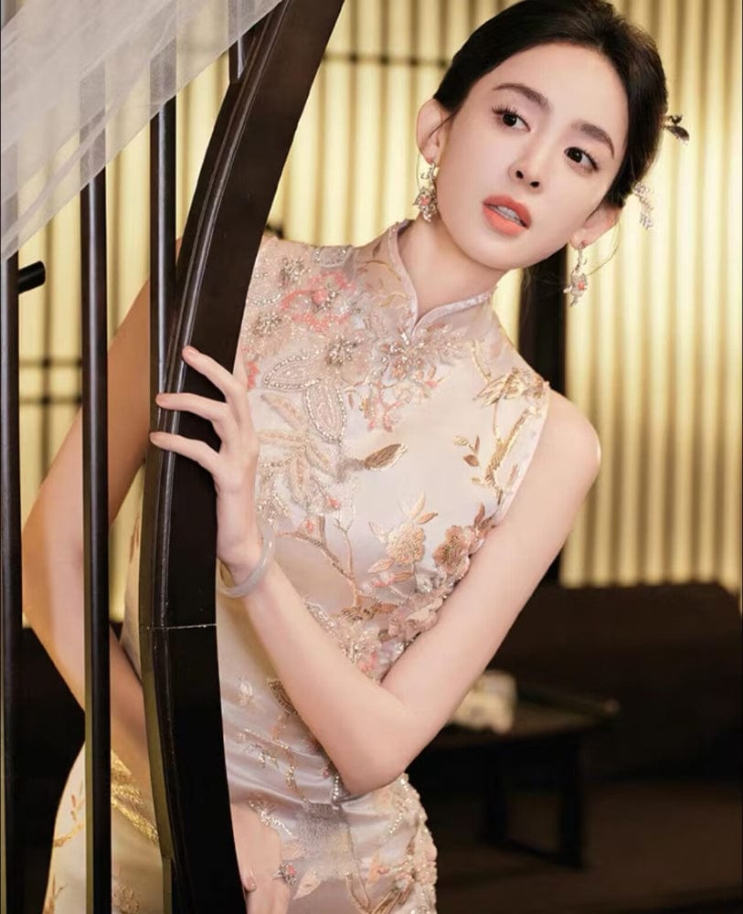Beth and Brian Qipao-YS Floral embroidery, champagne wedding long Cheongsam