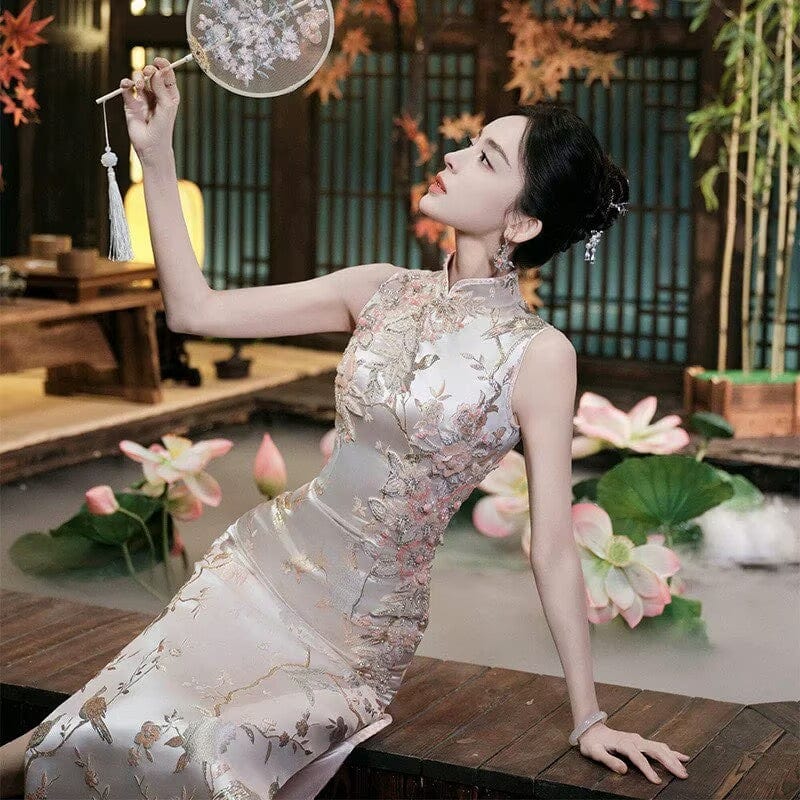 Beth and Brian Qipao-YS Floral embroidery, champagne wedding long Cheongsam