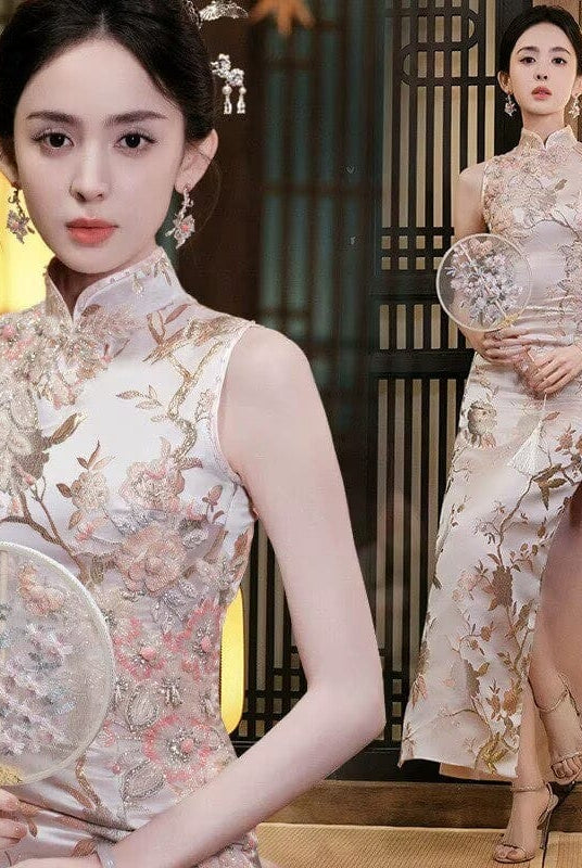 Beth and Brian Qipao-YS Floral embroidery, champagne wedding long Cheongsam