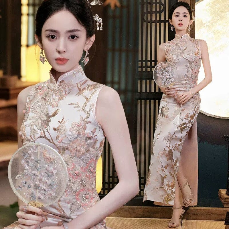 Beth and Brian Qipao-YS Floral embroidery, champagne wedding long Cheongsam