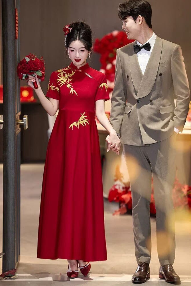 Beth and Brian Qipao-ZTN Gold bamboo leaf pattern, A-line long Cheongsam Dress