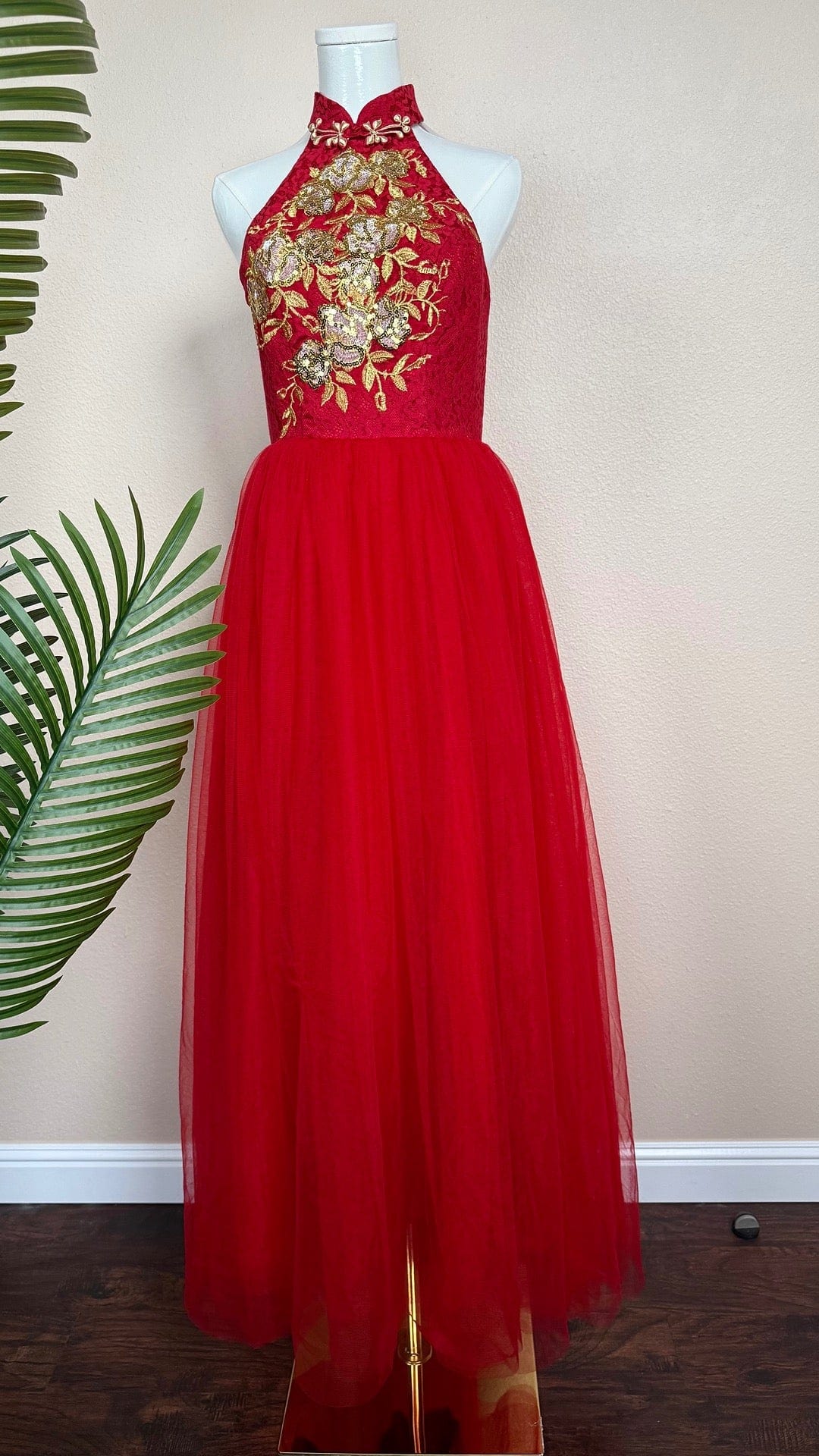 Beth and Brian Qipao - Exclusive Exclusive designer collection, gold floral embroidery short Qipao