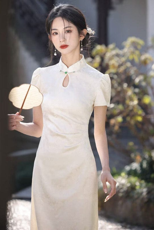 Beth and Brian Qipao-YS Floral pattern, jacquard fabric, midi Cheongsam with short sleeves