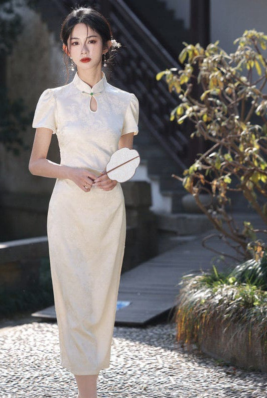Beth and Brian Qipao-YS Floral pattern, jacquard fabric, midi Cheongsam with short sleeves
