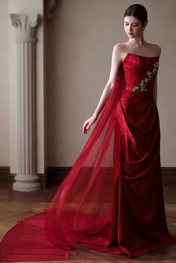 Beth and Brian Qipao-QHM Tube top, New Chinese style (新中式), floral wedding floor length Cheongsam