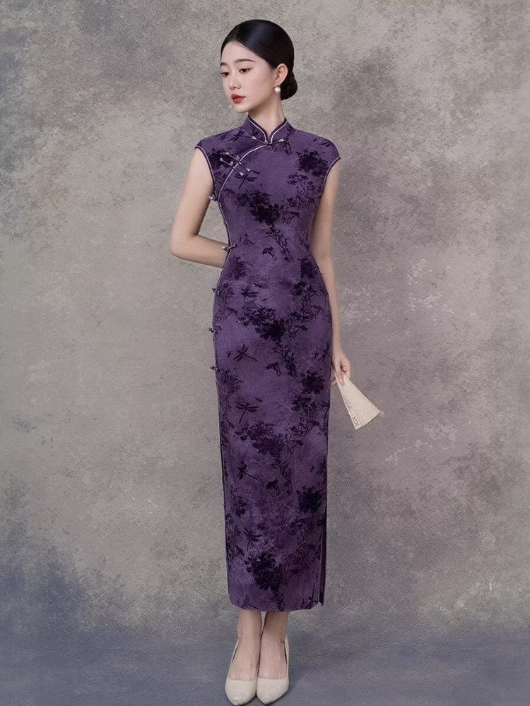 Beth and Brian Qipao-GSJ Dragonfly pattern, flocking fabric, purple midi Cheongsam