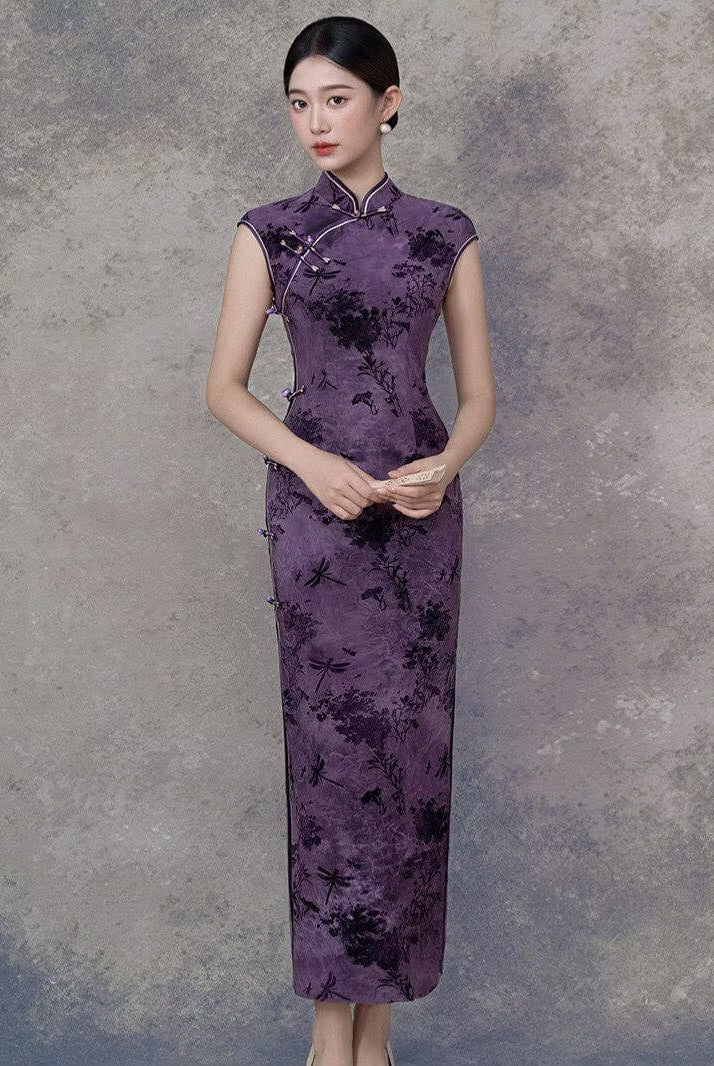 Beth and Brian Qipao-GSJ Dragonfly pattern, flocking fabric, purple midi Cheongsam