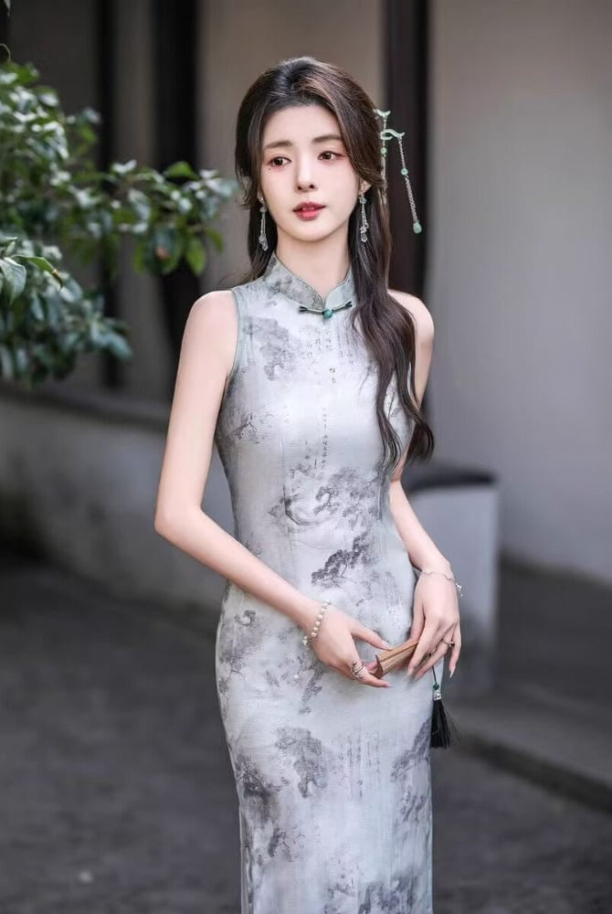 Beth and Brian Qipao-GSJ Chinese ink painting pattern, grey midi Cheongsam
