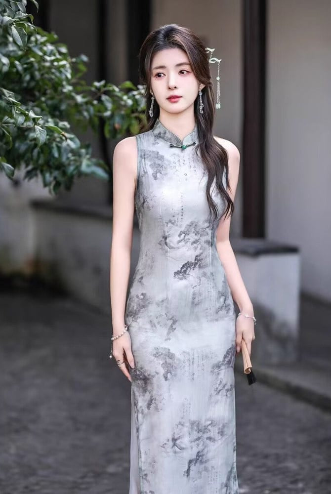 Beth and Brian Qipao-GSJ Chinese ink painting pattern, grey midi Cheongsam