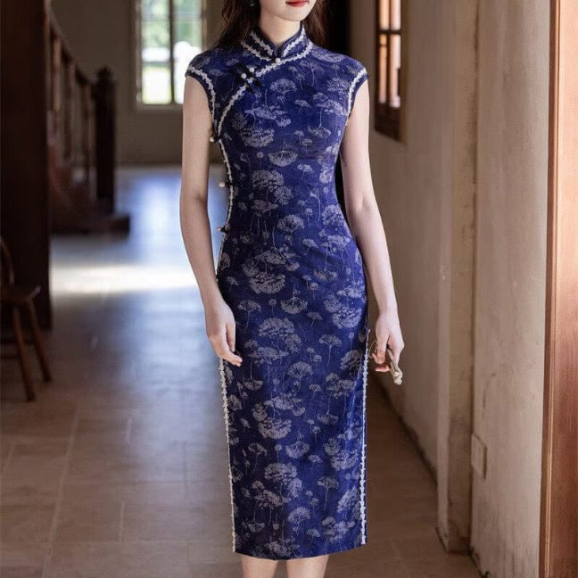 Beth and Brian Qipao-SYK Flocking fabric, floral pattern long Cheongsam