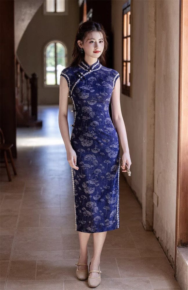 Beth and Brian Qipao-SYK Flocking fabric, floral pattern long Cheongsam