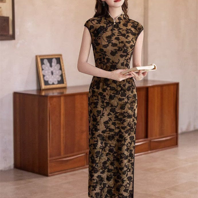 Beth and Brian Qipao-SYK Flocking fabric, floral pattern long Cheongsam