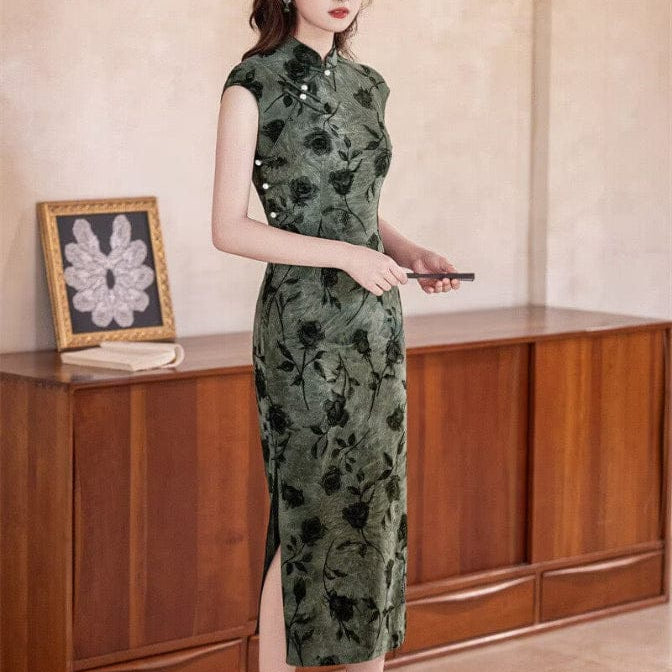 Beth and Brian Qipao-SYK Flocking fabric, floral pattern long Cheongsam