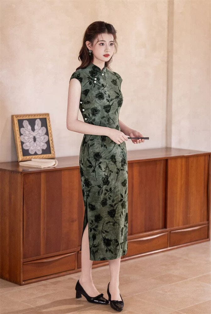 Beth and Brian Qipao-SYK Flocking fabric, floral pattern long Cheongsam