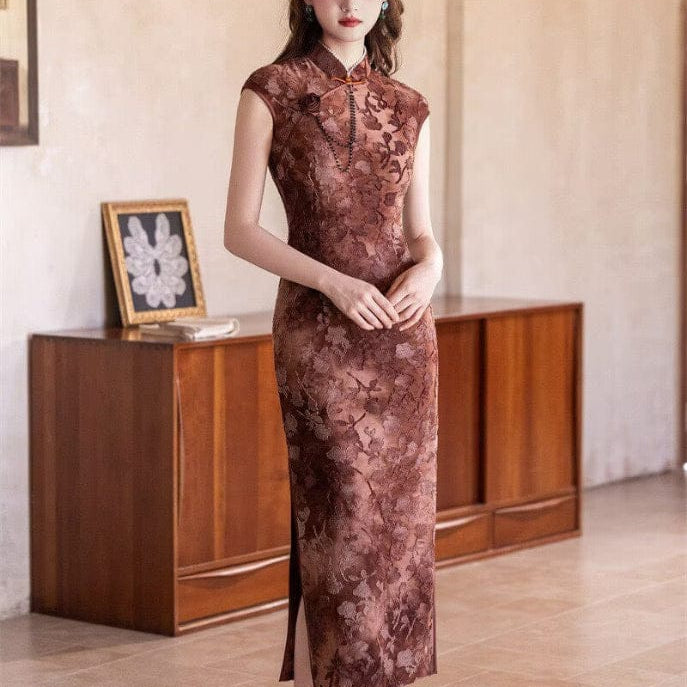 Beth and Brian Qipao-SYK Flocking fabric, floral pattern long Cheongsam