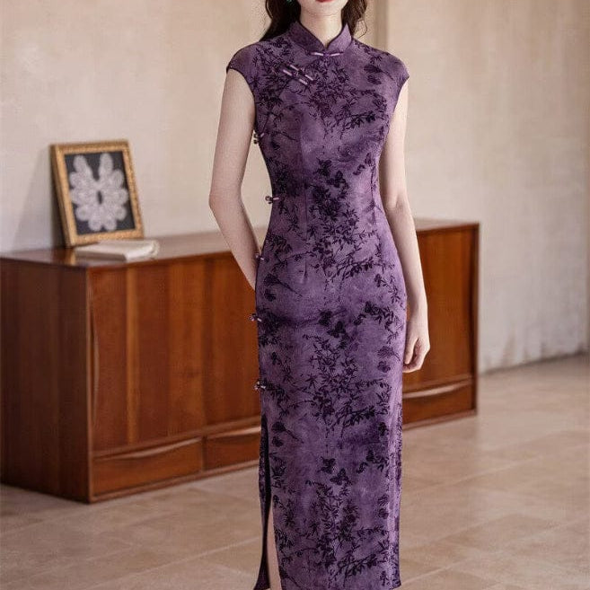 Beth and Brian Qipao-SYK Flocking fabric, floral pattern long Cheongsam