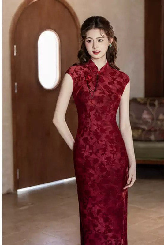Beth and Brian Qipao-SYK Flocking fabric, floral pattern long Cheongsam