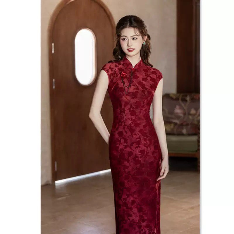 Beth and Brian Qipao-SYK Flocking fabric, floral pattern long Cheongsam