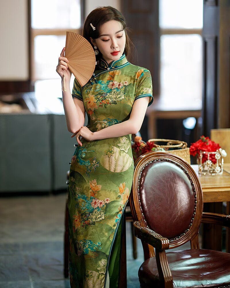 Beth and Brian Qipao-YM Old Shanghai style, hualuo satin, floral long Cheongsam