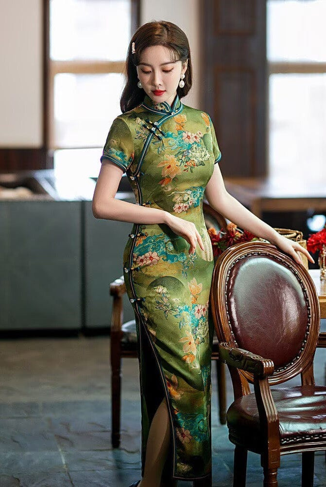 Beth and Brian Qipao-YM Old Shanghai style, hualuo satin, floral long Cheongsam