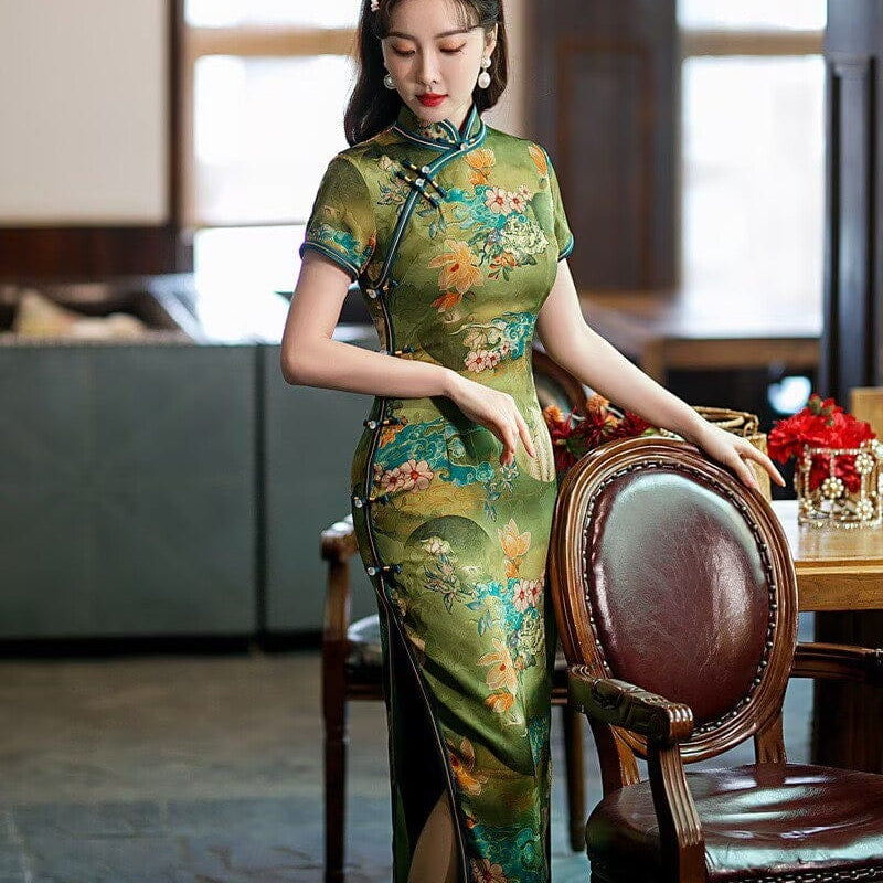 Beth and Brian Qipao-YM Old Shanghai style, hualuo satin, floral long Cheongsam
