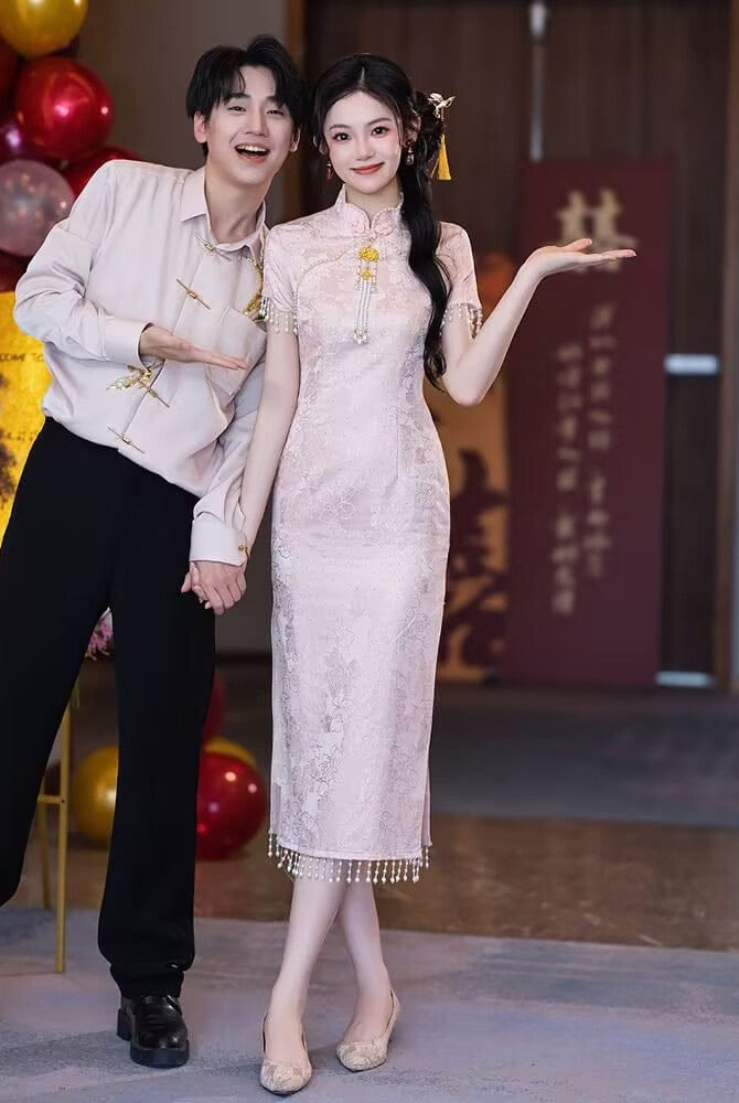Beth and Brian Qipao-LSB Floral pattern, jacquard fabric, pink midi Cheongsam