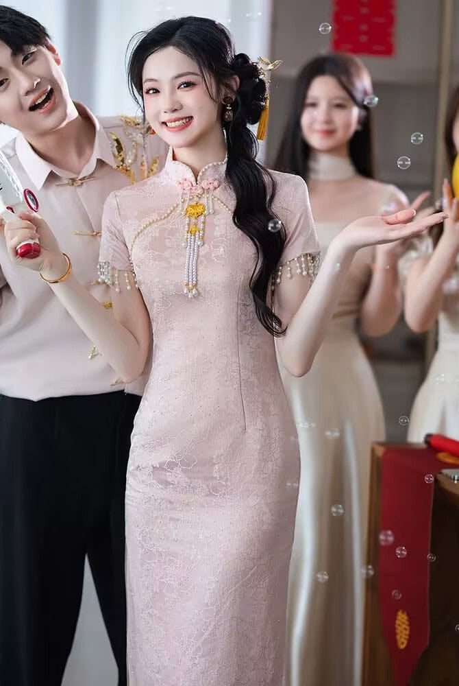 Beth and Brian Qipao-LSB Floral pattern, jacquard fabric, pink midi Cheongsam