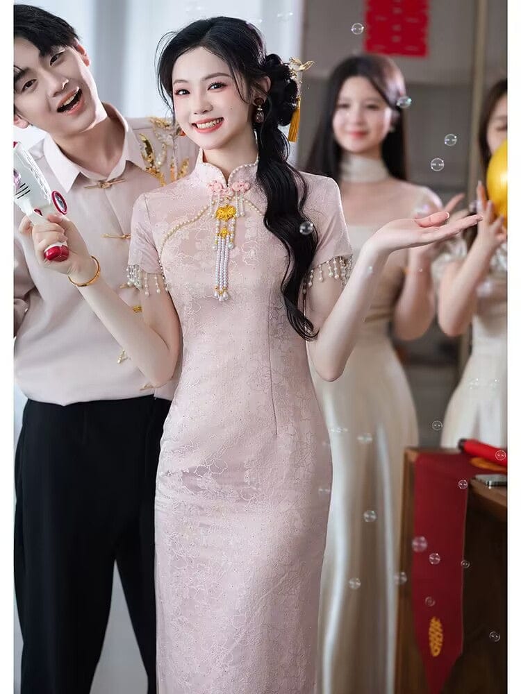 Beth and Brian Qipao-LSB Floral pattern, jacquard fabric, pink midi Cheongsam