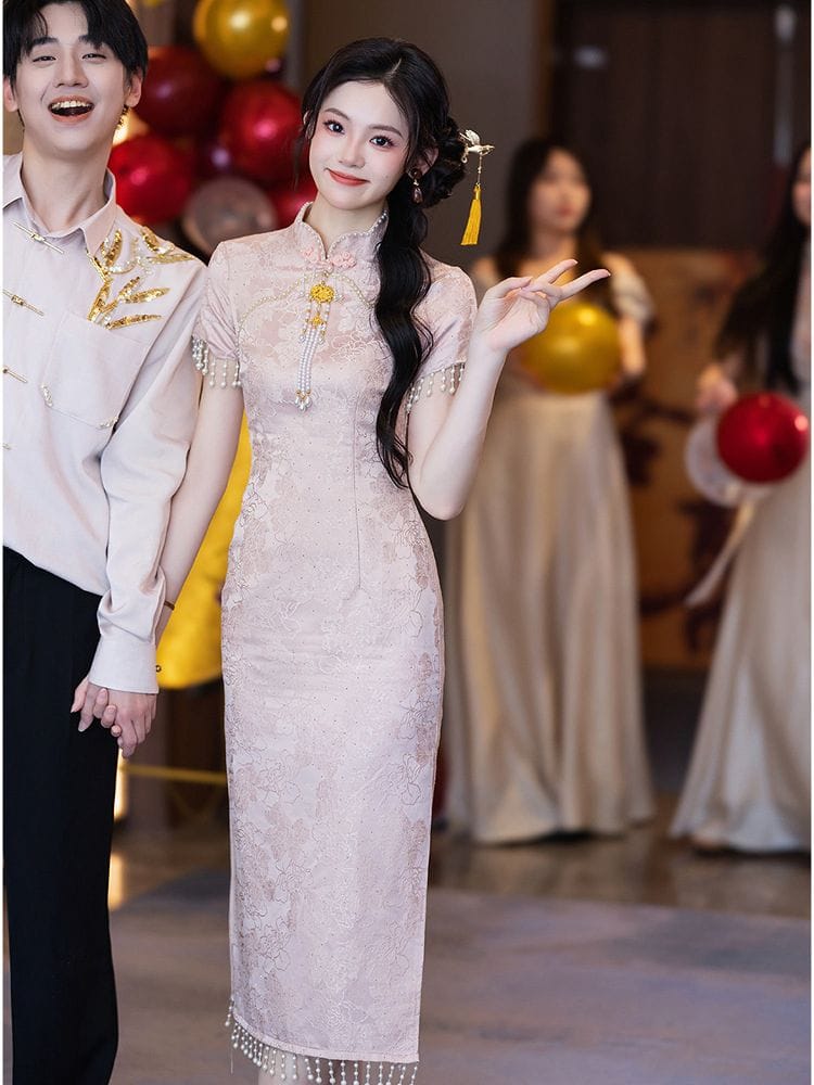 Beth and Brian Qipao-LSB Floral pattern, jacquard fabric, pink midi Cheongsam