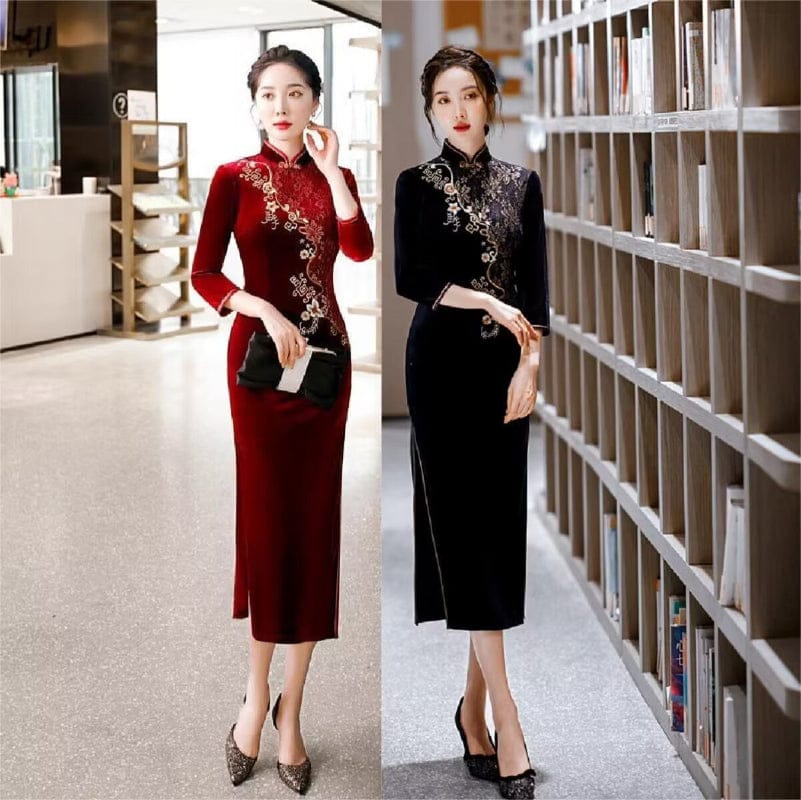 Beth and Brian Qipao-QDD Floral pattern, velvet midi plus size Cheongsam for mothers