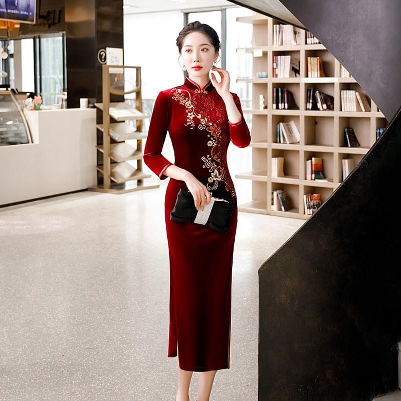 Beth and Brian Qipao-QDD Floral pattern, velvet midi plus size Cheongsam for mothers