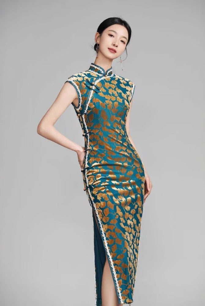 Beth and Brian Qipao-YM Ginkgo leaf pattern, green long Cheongsam