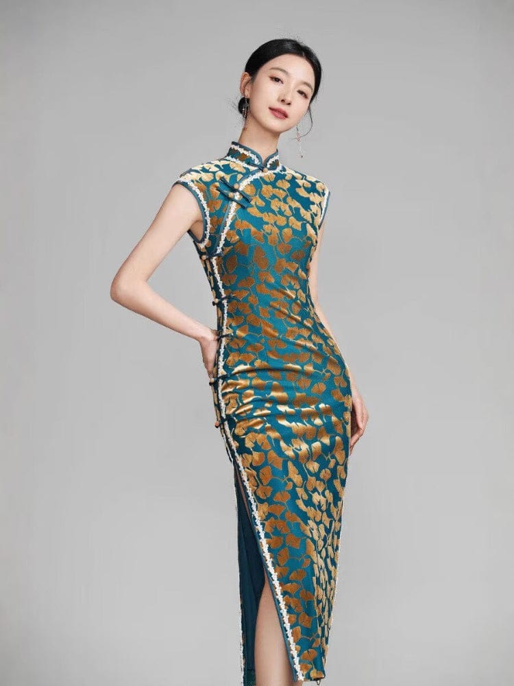 Beth and Brian Qipao-YM Ginkgo leaf pattern, green long Cheongsam