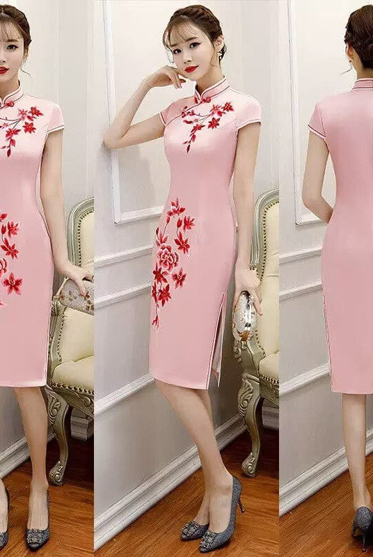 Beth and Brian Qipao-MLS Floral embroidery, silk midi Cheongsam with cap sleeves