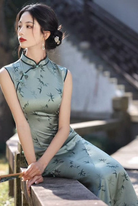 Beth and Brian Qipao-YM New Chinese style (新中式), bamboo leaf pattern, green long Cheongsam