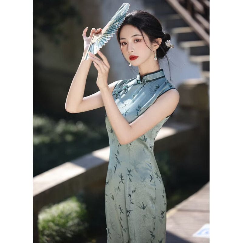 Beth and Brian Qipao-YM New Chinese style (新中式), bamboo leaf pattern, green long Cheongsam