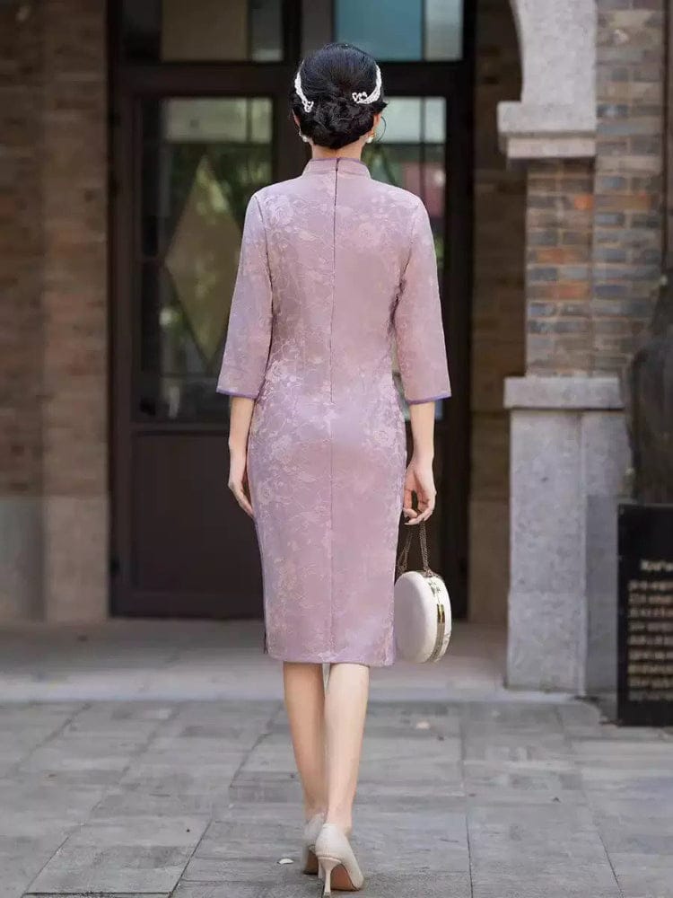 Beth and Brian Qipao-FS Floral pattern, jacquard fabric, midi plus size Cheongsam