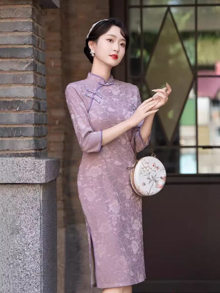 Beth and Brian Qipao-FS Floral pattern, jacquard fabric, midi plus size Cheongsam