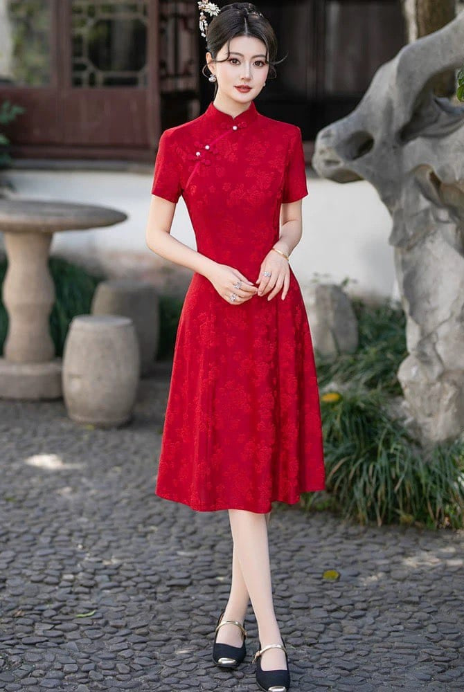 Beth and Brian Qipao-FS A-line, jacquard midi plus size Cheongsam