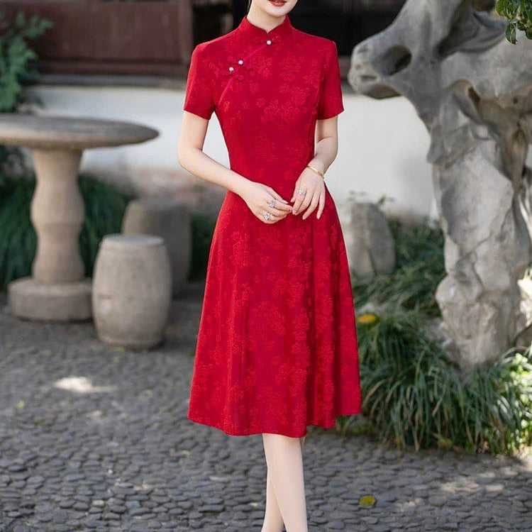Beth and Brian Qipao-FS A-line, jacquard midi plus size Cheongsam