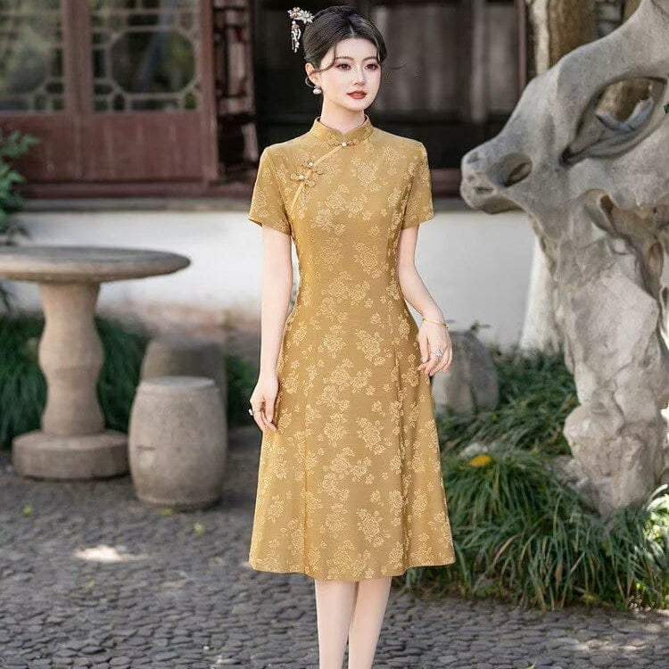 Beth and Brian Qipao-FS A-line, jacquard midi plus size Cheongsam