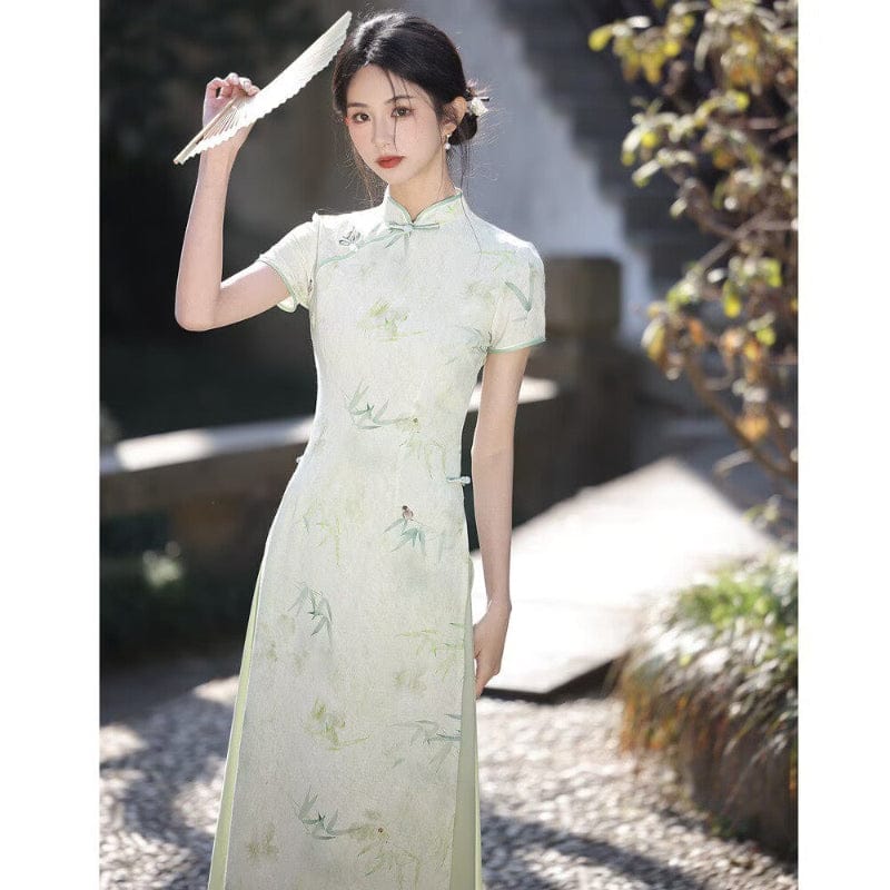 Beth and Brian Qipao-YS Tencel jacquard fabric, green midi Ao dai, A-Line Cheongsam