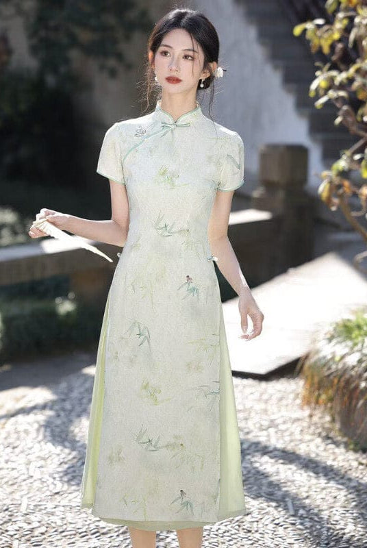 Beth and Brian Qipao-YS Tencel jacquard fabric, green midi Ao dai, A-Line Cheongsam