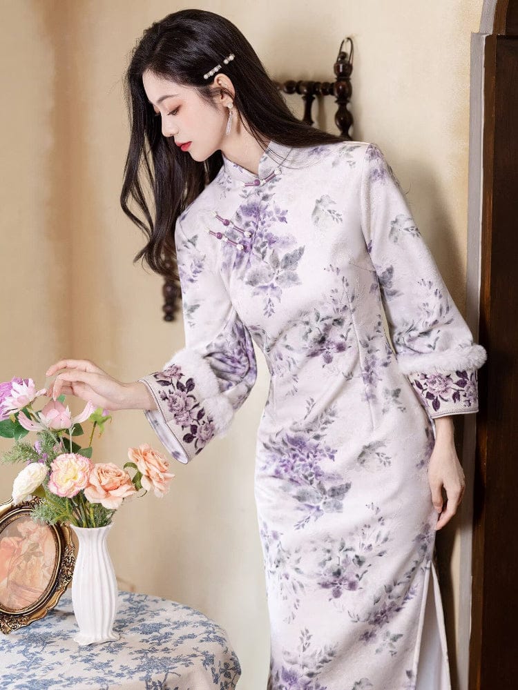 Beth and Brian Qipao-LSB Floral pattern, velvet fabric, daily midi Cheongsam