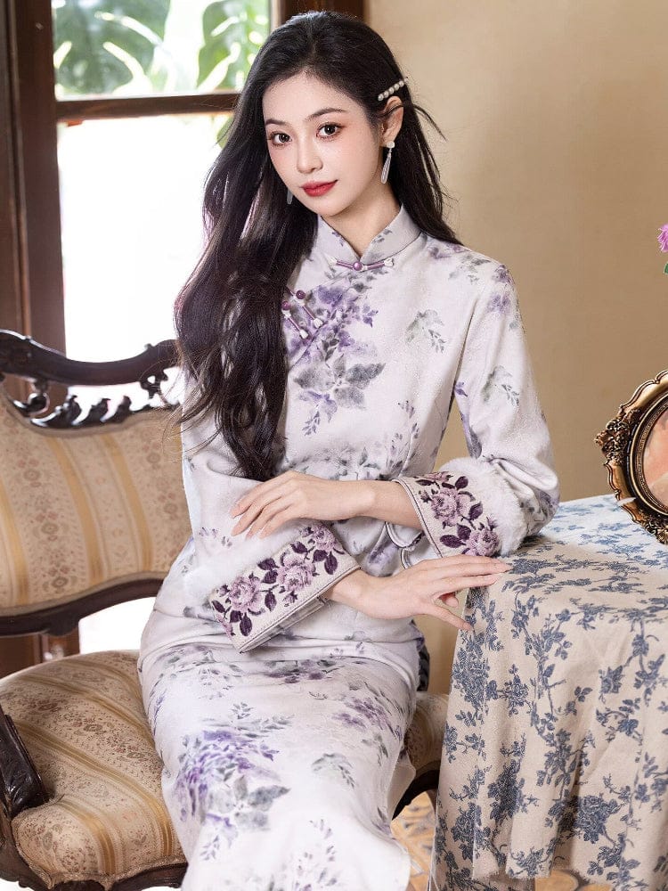 Beth and Brian Qipao-LSB Floral pattern, velvet fabric, daily midi Cheongsam